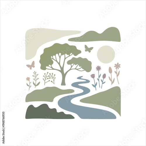 A serene landscape with a winding river and lush greenery