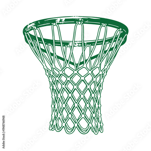 Green basketball hoop with a woven net isolated on a white background featuring a distressed texture on the metal rim and a classic diamond pattern mesh for sports