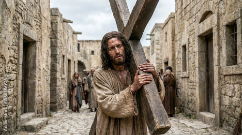 Jesús camina con la cruz en una escena emotiva y realista.