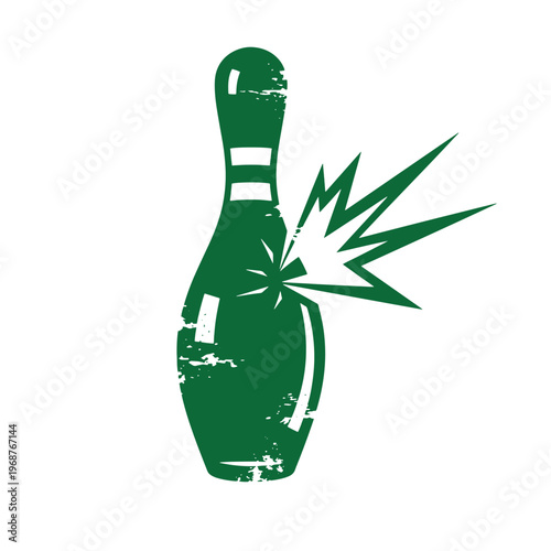 Green bowling pin silhouette with a white starburst impact explosion effect and distressed grunge texture isolated on a white background