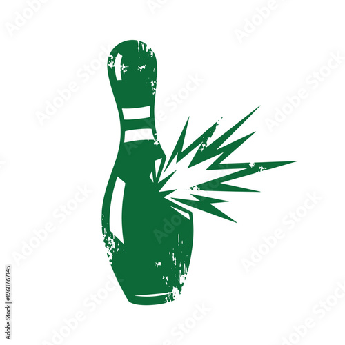 Green bowling pin silhouette with a white starburst impact effect and distressed grunge texture isolated on a white background