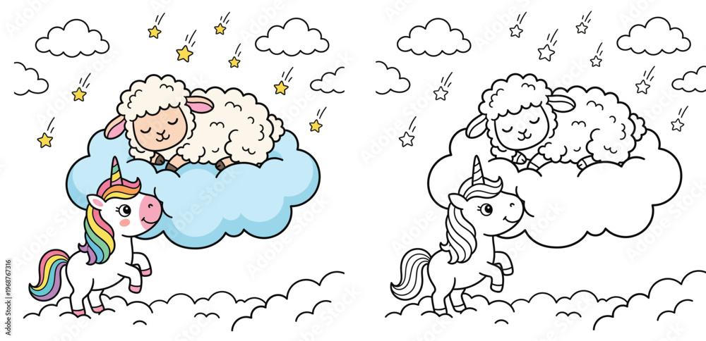 Fototapeta premium Cute Cartoon Unicorn and Sleeping Sheep on Cloud Whimsical Dreamy Vector for Kids