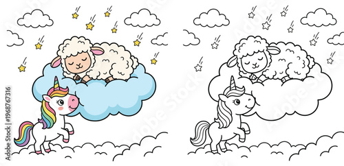 Cute Cartoon Unicorn and Sleeping Sheep on Cloud Whimsical Dreamy Vector for Kids