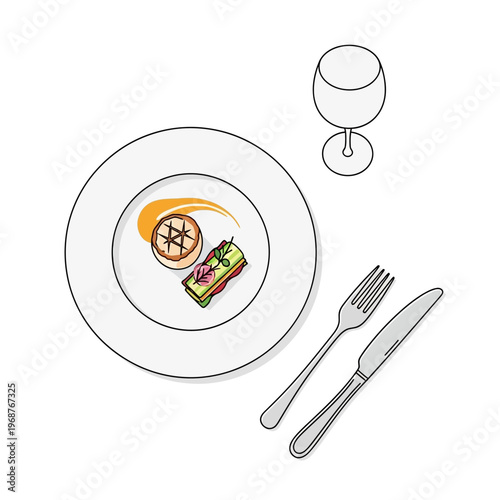 Gourmet Meal on Plate with Wine Glass and Cutlery, Minimalist Food Illustration