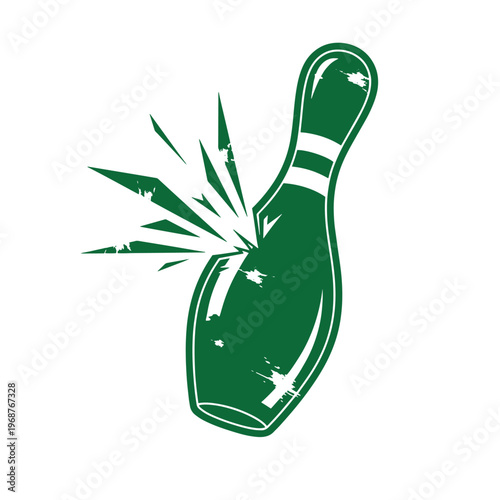 Green bowling pin with white stripes and a shattered impact effect featuring a distressed grunge texture isolated on a white background