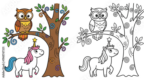 Cute Cartoon Unicorn and Owl in a Whimsical Forest Tree Kids Vector Illustration