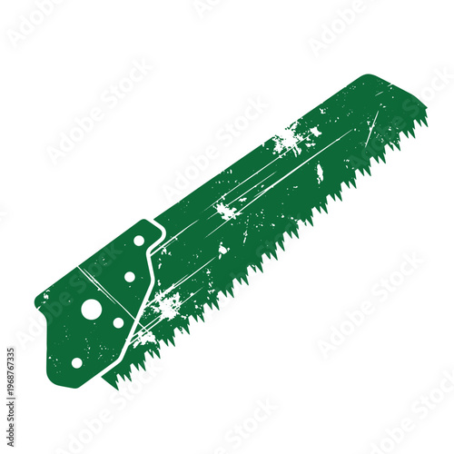 Green chainsaw bar silhouette with distressed white scratch marks and weathered texture isolated on a white background
