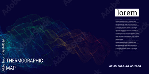 Thermographic heatmap mesh wave bg with copy space and colorful gradient lines on dark blue surface. Modern scientific abstract design suitable for presentation, poster and technology layouts.