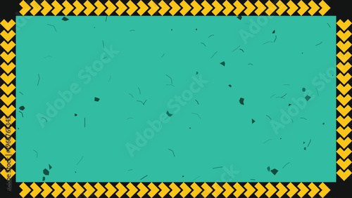 Teal background with yellow chevron border and confetti particles