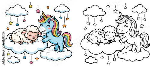 Cute Cartoon Unicorn and Sleeping Sheep on Clouds Whimsical Dreamland Vector for Kids