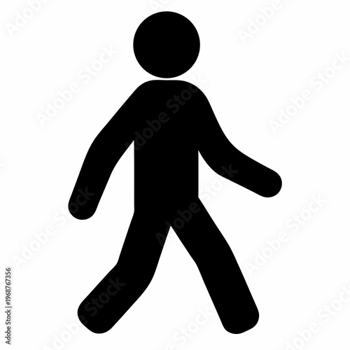 Stylized icon of a person walking forward in black silhouette on white