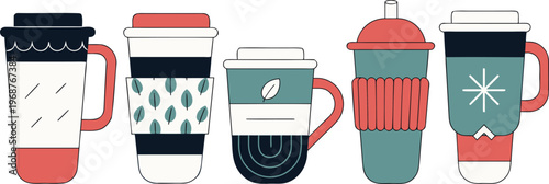 Five stylized coffee cups with decorative patterns