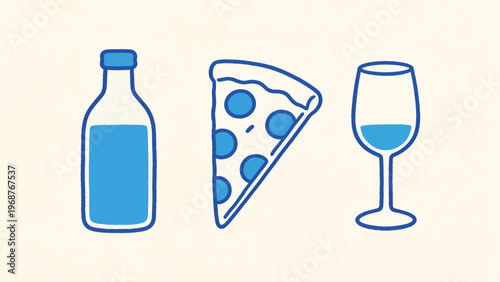 Playful Minimal Blue Line Illustration of Bottle, Pizza Slice and Wine Glass