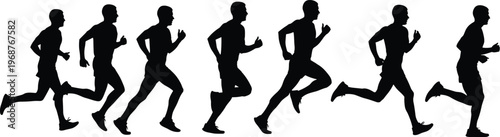 Set of black silhouettes featuring a man in various running poses and sprinting motions isolated on white background for sports and fitness design