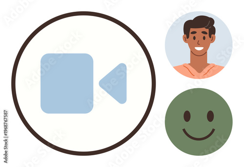 Video communication, virtual meetings, online interaction, digital tools, remote connection, messaging. Camera icon, smiling avatar and chat emoticon. Video communication and virtual meetings