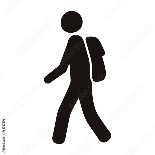 Black silhouette of a person walking with a backpack on a white background