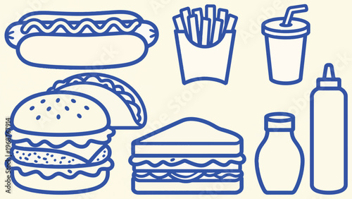 Minimalist Blue Line Fast Food Illustration Set on Cream Background