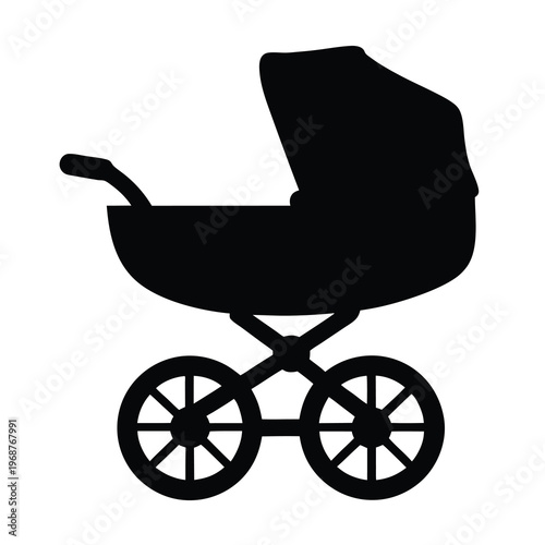 Silhouette of a classic baby carriage or pram with vintage design style