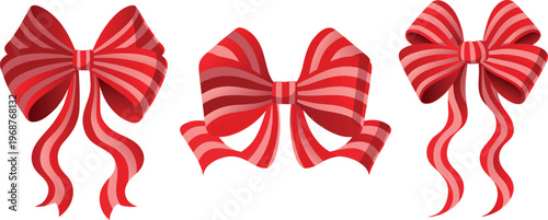 Three red striped bows with flowing ribbons pink