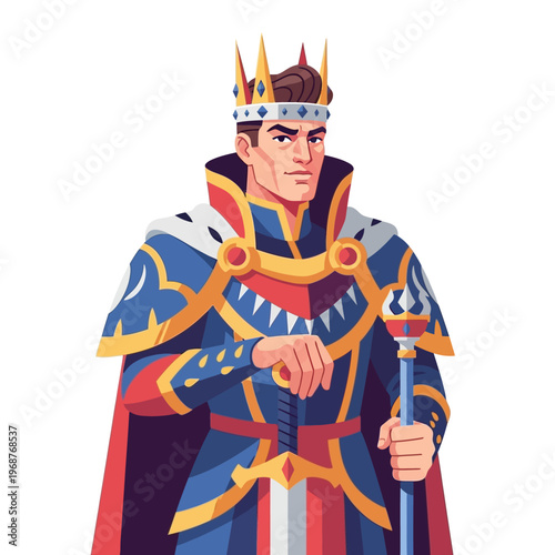 Royal King Character with Crown and Scepter, Majestic Ruler Illustration