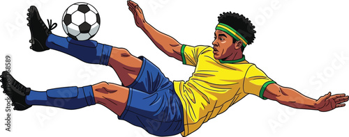 Male soccer player performing an acrobatic bicycle kick with ball