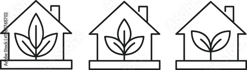 Eco house icons, sustainable living, green home design, plant inside house, eco-friendly architecture, renewable lifestyle, environmental housing illustration
