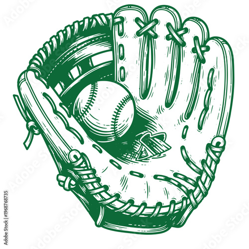 Green ink line of a baseball glove holding a baseball with detailed stitching and cross lacing isolated on a white background