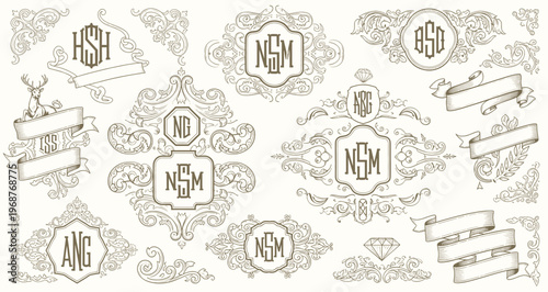 Elegant vintage ornamental frames and decorative floral elements. Vector design collection for invitations, certificates, labels, borders, and classic decoration projects.