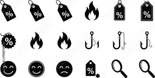 Collection of flat black e-commerce vector icons featuring discount price tags, hot sale fire sparks, fishing hooks, and customer reaction emojis.
