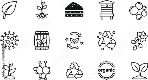Eco icons, organic farming, recycling symbol, sustainability design, nature leaf, sprouting plant, soil layers, molecular structure, environmental awareness, green illustration