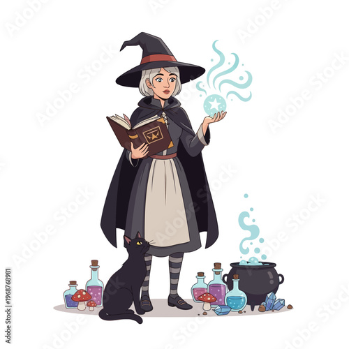 Young Witch with Black Cat and Potion Ingredients, Casting Spell with Crystal Ball