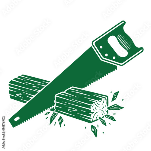 Green of a hand saw cutting through a wooden log with wood chips and splinters flying isolated on a white background