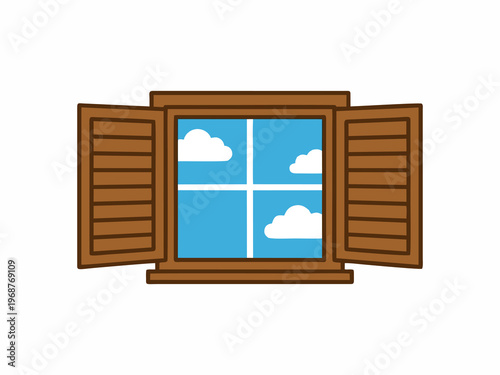 Open wooden window with shutters and blue sky view flat vector illustration