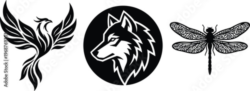 Set of black and white silhouette icons featuring a majestic phoenix bird, a fierce wolf head, and an ornate dragonfly.