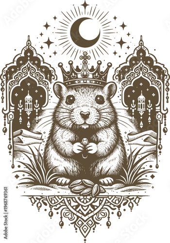 Crowned Hamster Moon Islamic Arch Lantern Art