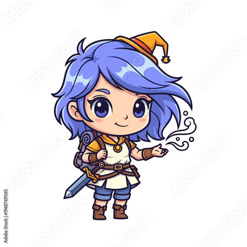 Chibi Wizard Character with Sword and Magic Aura