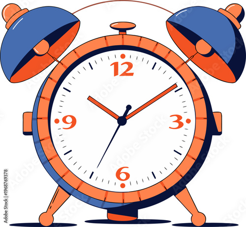 A colorful alarm clock with blue bells on a white background