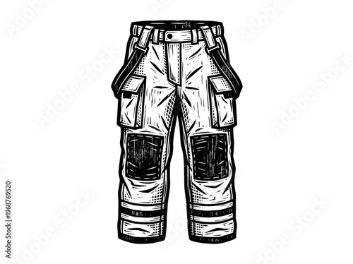 Vintage Firefighter Turnout Pants Protective Firefighting Trousers Engraving Illustration Black and White Line Art