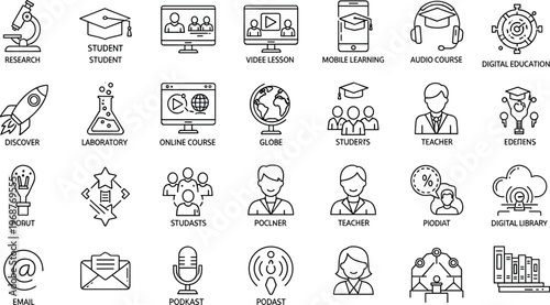 Education icons, digital learning silhouettes, online course artwork, e-learning illustration, modern classroom design, teaching tools theme, academic knowledge concept