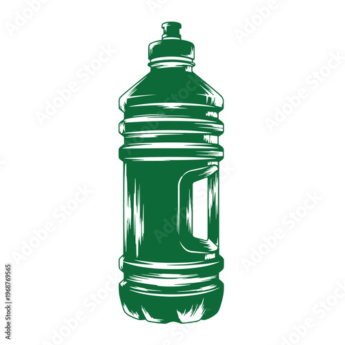 Green plastic water bottle with a side handle and a screw on sports cap featuring a stylized ink aesthetic on a white background