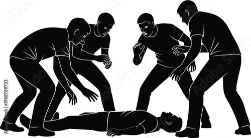 Emergency silhouettes, collapsed person, medical help, rescue, first aid, teamwork, crisis response, health, accident, assistance, aid, support, urgent, people, group, care, safety, 