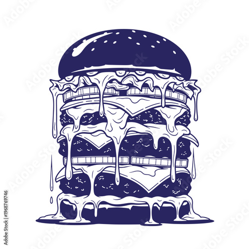 Dark blue monochromatic of a tall triple cheeseburger with melting cheese dripping over stacked beef patties lettuce tomato slices and sesame seed bun on white background