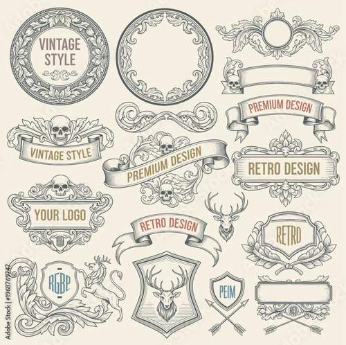 Elegant vintage ornamental frames and decorative floral elements. Vector design collection for invitations, certificates, labels, borders, and classic decoration projects.