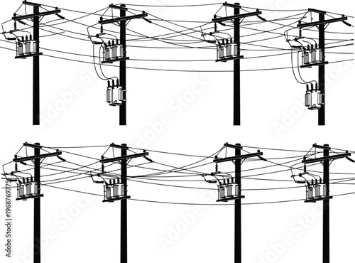 Electrical utility pole silhouettes, power line artwork, transformer illustration, energy distribution design, infrastructure engineering theme, electricity grid concept
