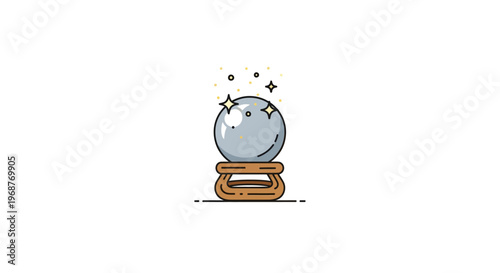 Crystal ball on wooden stand with sparkles.