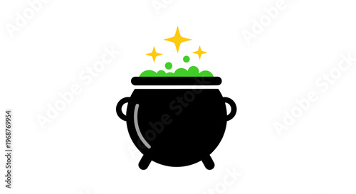 a black cauldron with green bubbling potion and sparkling stars on top.