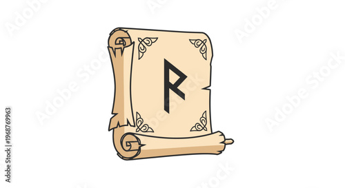 Ancient parchment scroll with letter R.