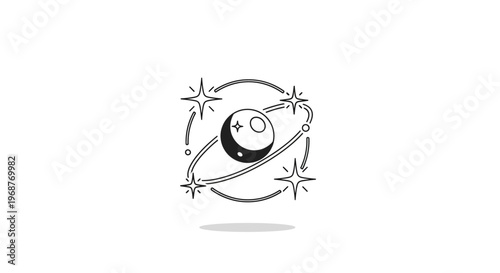 Black and white illustration of a smiling moon.