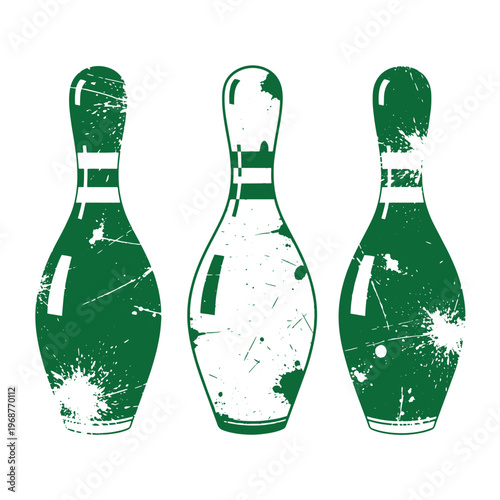 Three bowling pins with green and white distressed grunge texture and ink splatters on a white background