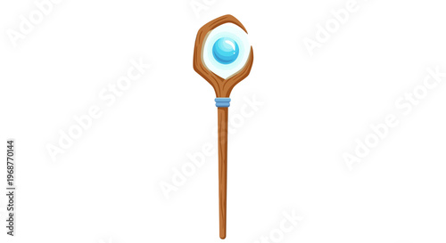 a brown wand with a blue crystal.